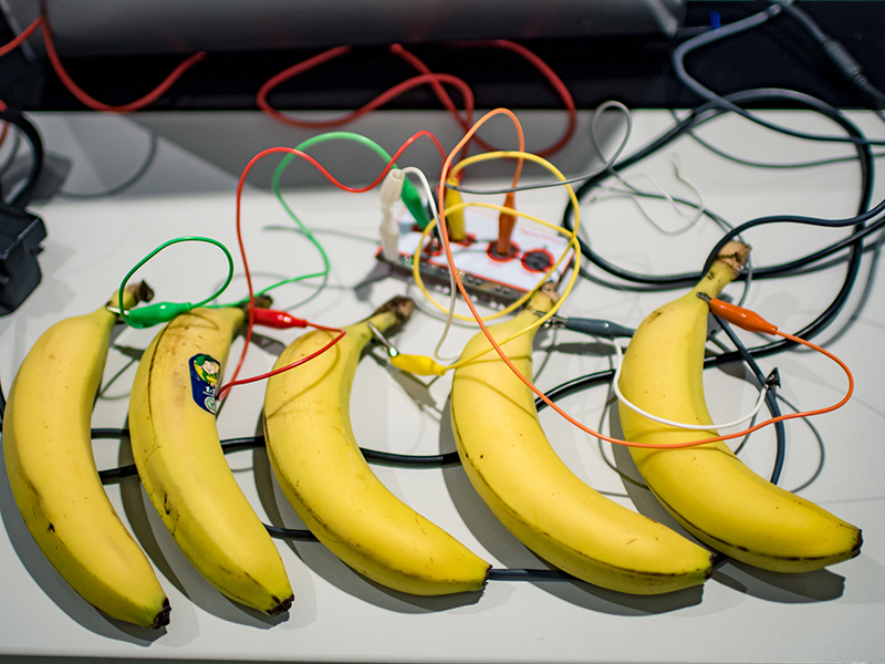 Fünf verdrahtete Bananen zum Musik machen