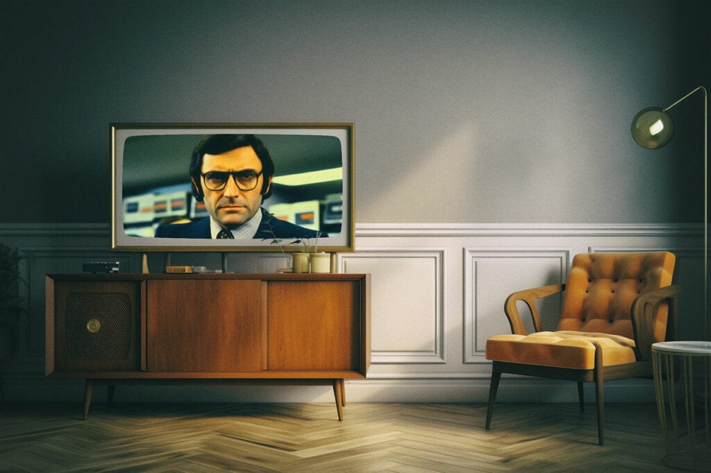 Ein Nachrichtesprecher der späten 70er Jahre schaut missbilligend aus einem Vontage-Röhrenfernseher, der in einem Retro-Wohnzimmer steht. KI-generiert.
