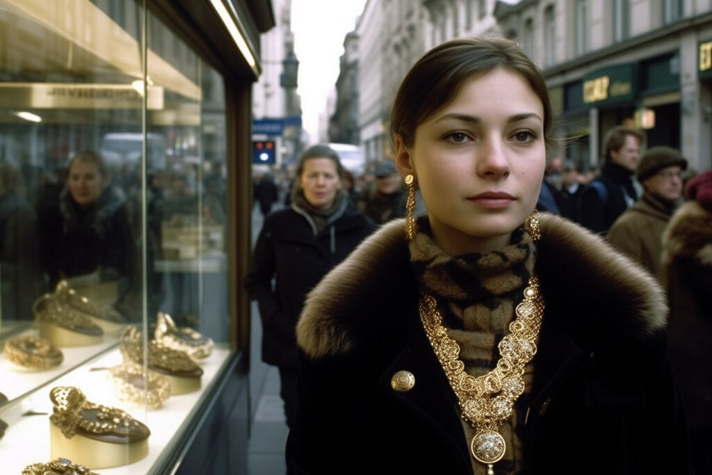 Eine junge Frau mit Pelz und teurem Schmuck neben dem Schaufenster eines Juweliers schaut so gerade am Betrachter vorbei. KI-generiert